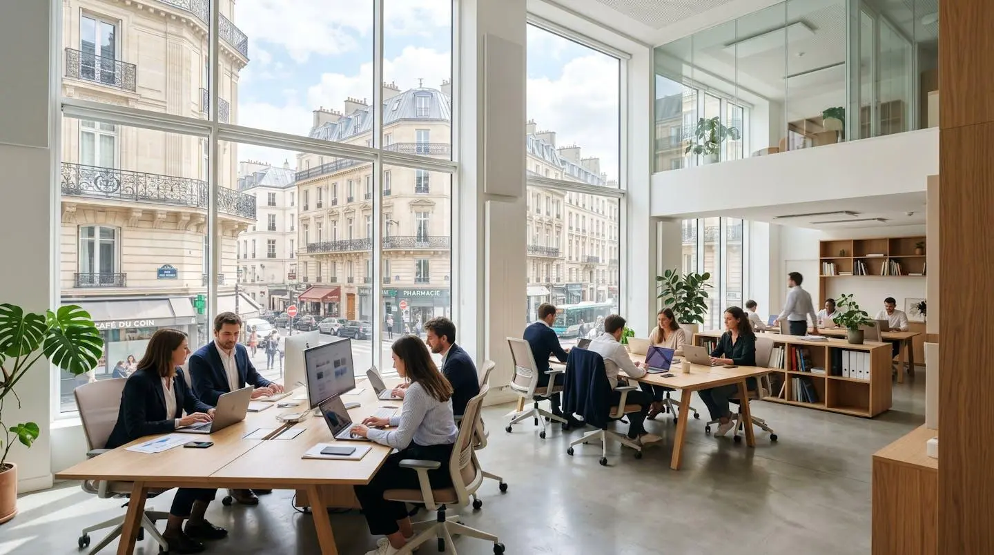 Bureau contemporain français avec grande fenêtre lumineuse donnant sur une rue parisienne, espace de travail épuré et moderne sans présence humaine au premier plan
