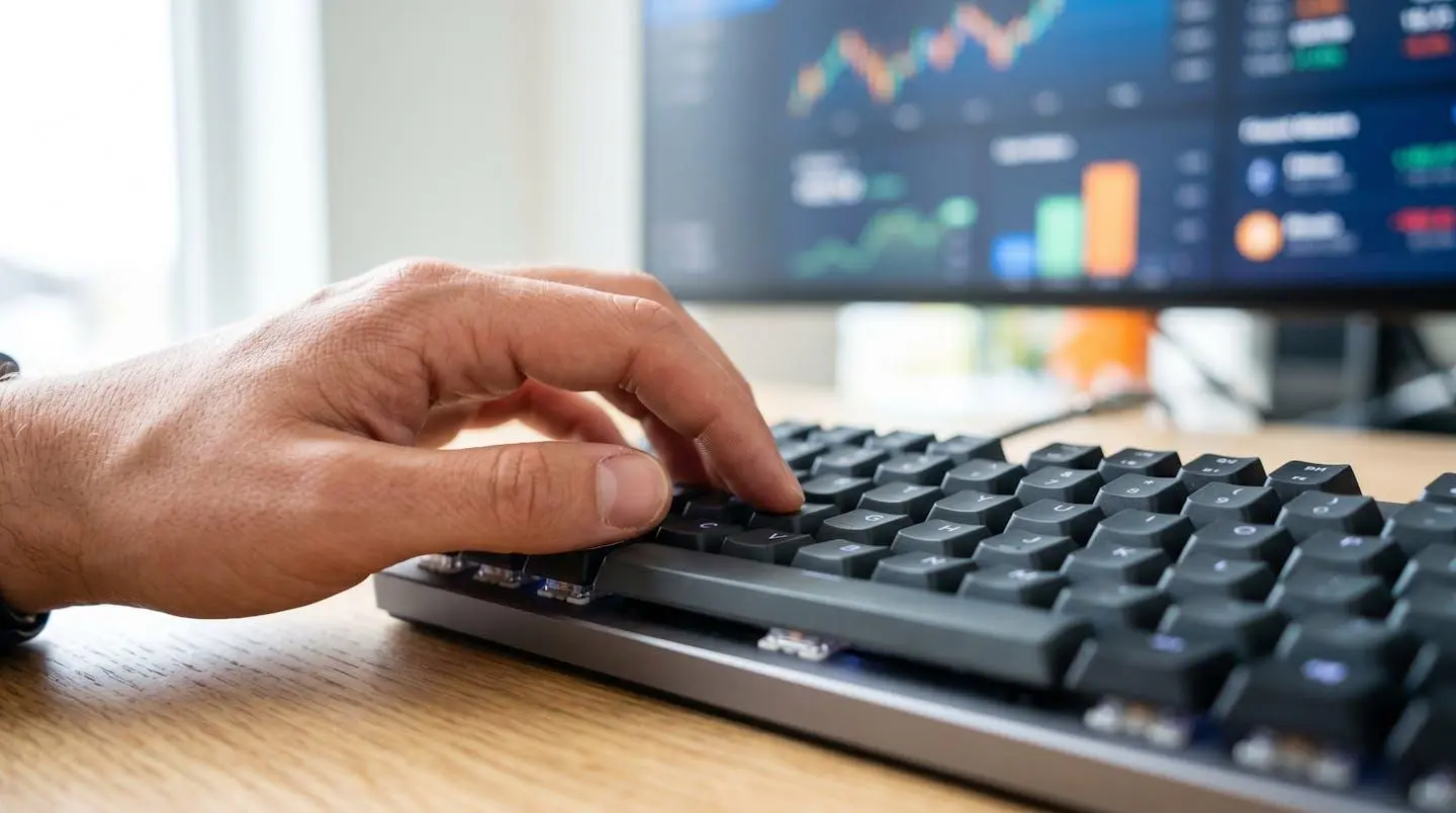 Gros plan sur une main tapant sur un clavier d'ordinateur moderne avec un tableau de bord financier flouté visible en arrière-plan sur l'écran