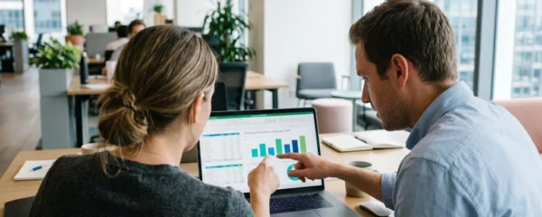 Deux professionnels vus de dos analysent ensemble des données financières affichées sur un écran d'ordinateur dans un bureau contemporain lumineux