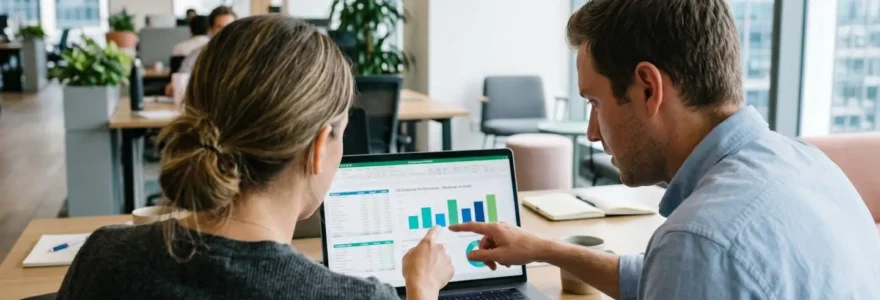 Deux professionnels vus de dos analysent ensemble des données financières affichées sur un écran d'ordinateur dans un bureau contemporain lumineux