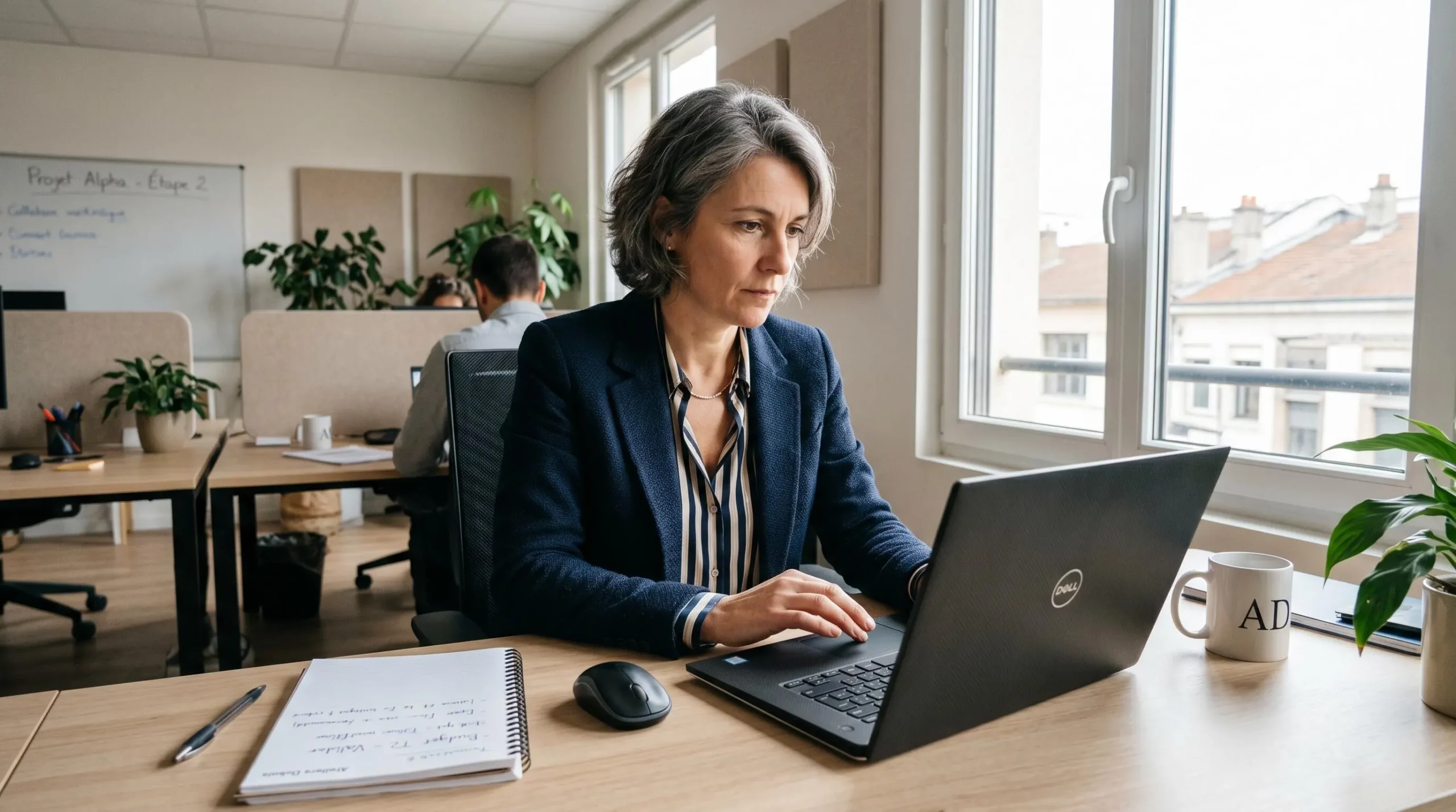 Dirigeant de PME configurant des scénarios de relance sur un ordinateur portable dans un bureau lumineux