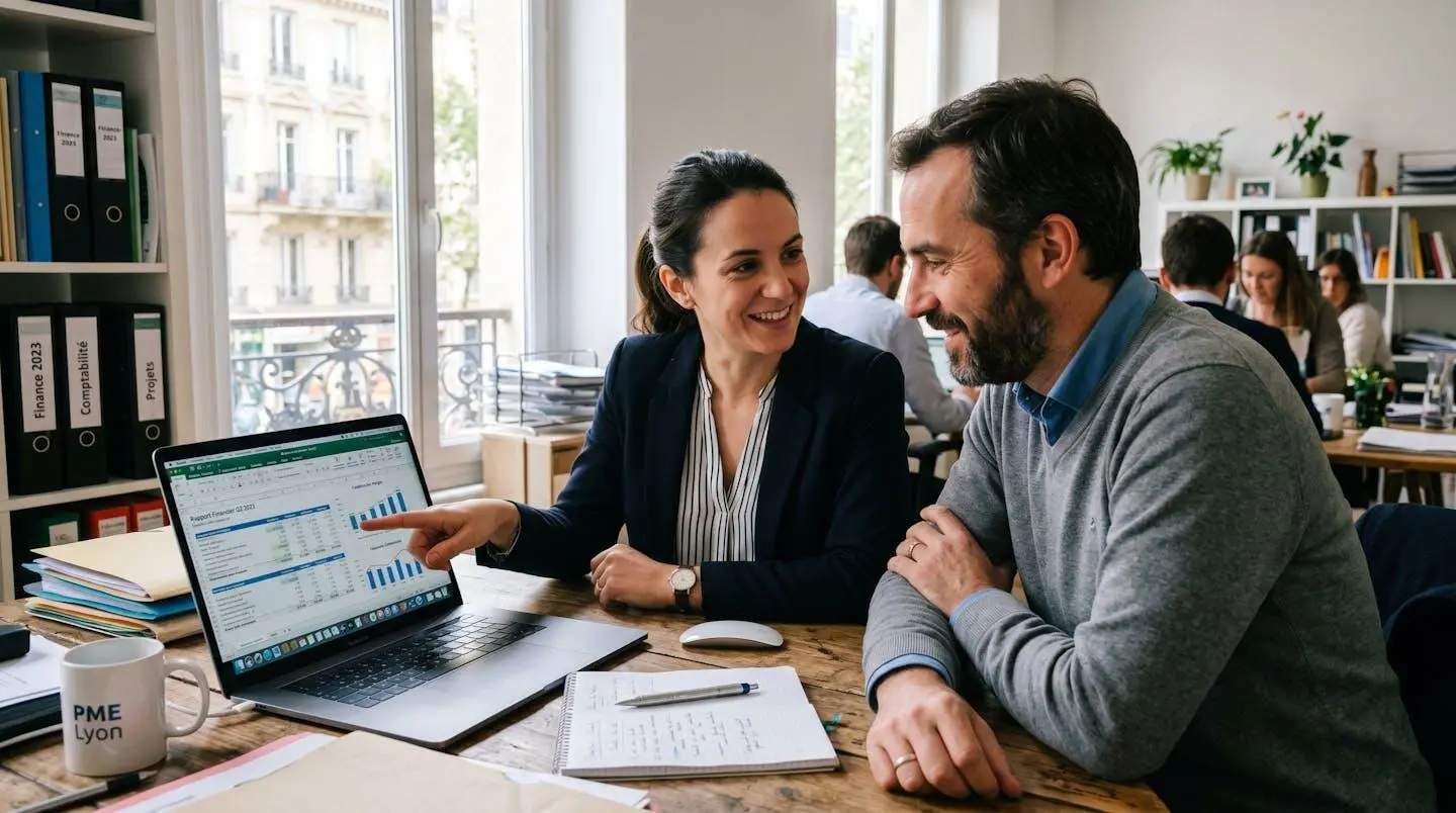 Équipe comptable d'une PME collaborant autour d'un outil de suivi des encours clients en open space