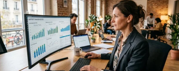 Responsable financier PME analysant ses encours clients sur un tableau de bord de recouvrement digital