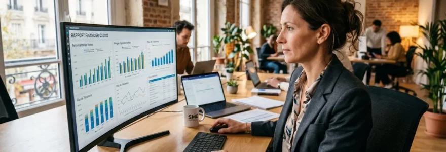 Responsable financier PME analysant ses encours clients sur un tableau de bord de recouvrement digital